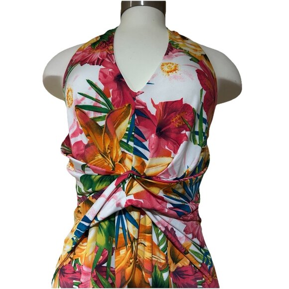Tropical Floral Halter Dress With Twist Front & Open Back Design - Picture 2 of 6